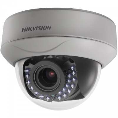 HikVision DS-2CE56D1T-VFIR (2,8-12 mm) 2Мп, Видеокамера HD TVI цветная купольная уличная антивандаль HikVision DS-2CE56D1T-VFIR (2,8-12 mm) 2Мп, Видеокамера HD TVI цветная купольная уличная антивандальная со встроенной ИК подсветкой (механический ИК-фильтр), 1/2.7" Progressive Scan CMOS, 2 МП (1920х1080); 0.1лк, 0лк с вкл ИК; f=2.8-12 F1.4; S/N: более 52dB; Дальность ИК подсветки до 30 м (IR-control); OSD ,маскирование - 2 зоны, обнаружение движения вкл/выкл (4 зоны), вандалозащищенность IK10, BLC, DNR; DC12В/250мА; –40°...+60°; IP66; 136 × 101.94 мм