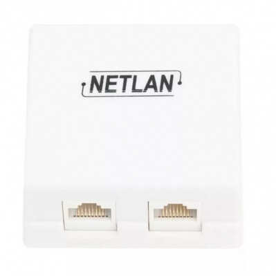 Розетка коммутационная настенная NETLAN cat.5e модуль кинстоун UTP 2 порта RJ-45 (8Р8С) Настенная розетка NETLAN, 2 порта, Кат.5e (Класс D), 100МГц, RJ45/8P8C, 110, T568A/B, неэкранированная, белая