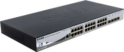 DGS-1210-28P с 24 портами 10/100/1000Base-T с поддержкой PoЕ Коммутатор гигабитный управляемый Коммутатор гигабитный управляемый D-link DGS-1210-28P с 24 портами 10/100/1000Base-T с поддержкой PoE и 4 портами 1000Base-X SFP