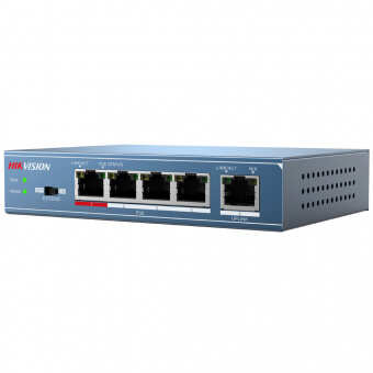 Коммутатор неуправляемый Hikvision DS-3E0105P-E с 4 PoE-портами Коммутатор неуправляемый Hikvision DS-3E0105P-E , 4*RJ-45 100M PoE, 1 Uplink порт 100М Ethernet. Поддерживаемые стандарты PoE: IEEE802.3af и IEEE802.3at, бюджет PoE – 58 Вт, энергопотребление не более 63 Вт, DC51В, 1.25A, пропускная способность 1Гб/с, гарантия 5 лет